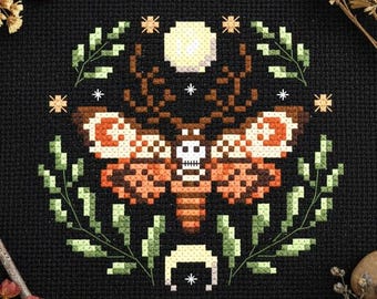 Moth Cross Stitch Pattern: Witchy Luna Moon Floral Design (PDF)