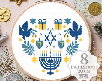 Hanukkah Cross Stitch Pattern PDF: Menorah Jewish Holidays Sampler (Digital Download)