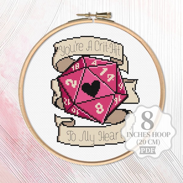 Romantic game dice Cross stitch pattern PDF, Dragons Gamer Crit Love Valentine's gift, Game lover ttrpg embroidery, Digital download