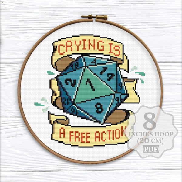 Crying is a free action Game dice Cross stitch pattern PDF, Dragons Polyhedral Game lover embroidery gift, Modern counted, Digital download