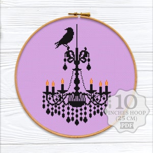 Chandelier Cross stitch pattern PDF, Digital download, Easy Halloween modern embroidery chart Silhouette gothic fall crow raven easy 158