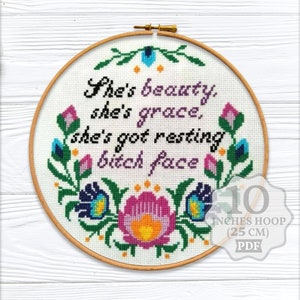 Snarky cross stitch pattern PDF, Bitch face Sassy Adult Rude Subversive quote, Polish flowers, Funny gift, Modern, Digital download