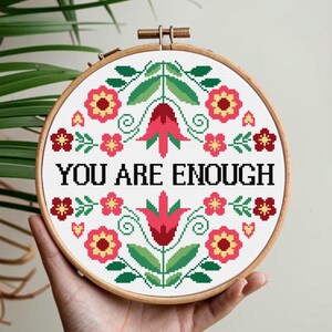 You are enough Kreuzstich Anleitung PDF, Frühlingsblumen, Psychische Gesundheit, Therapeut Positive Mom Modern gezählt, Digitaler Download
