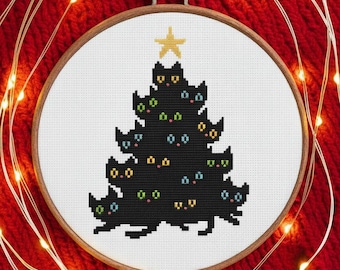 Christmas cats Cross stitch pattern PDF, Cute funny Merry Christmas tree cross stitch, Easy Holidays embroidery design, Cat lover gift