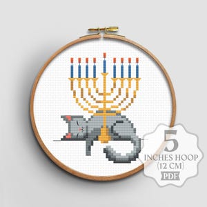 Small Hanukkah Cat Cross Stitch Pattern Cute Peace Menorah - PDF