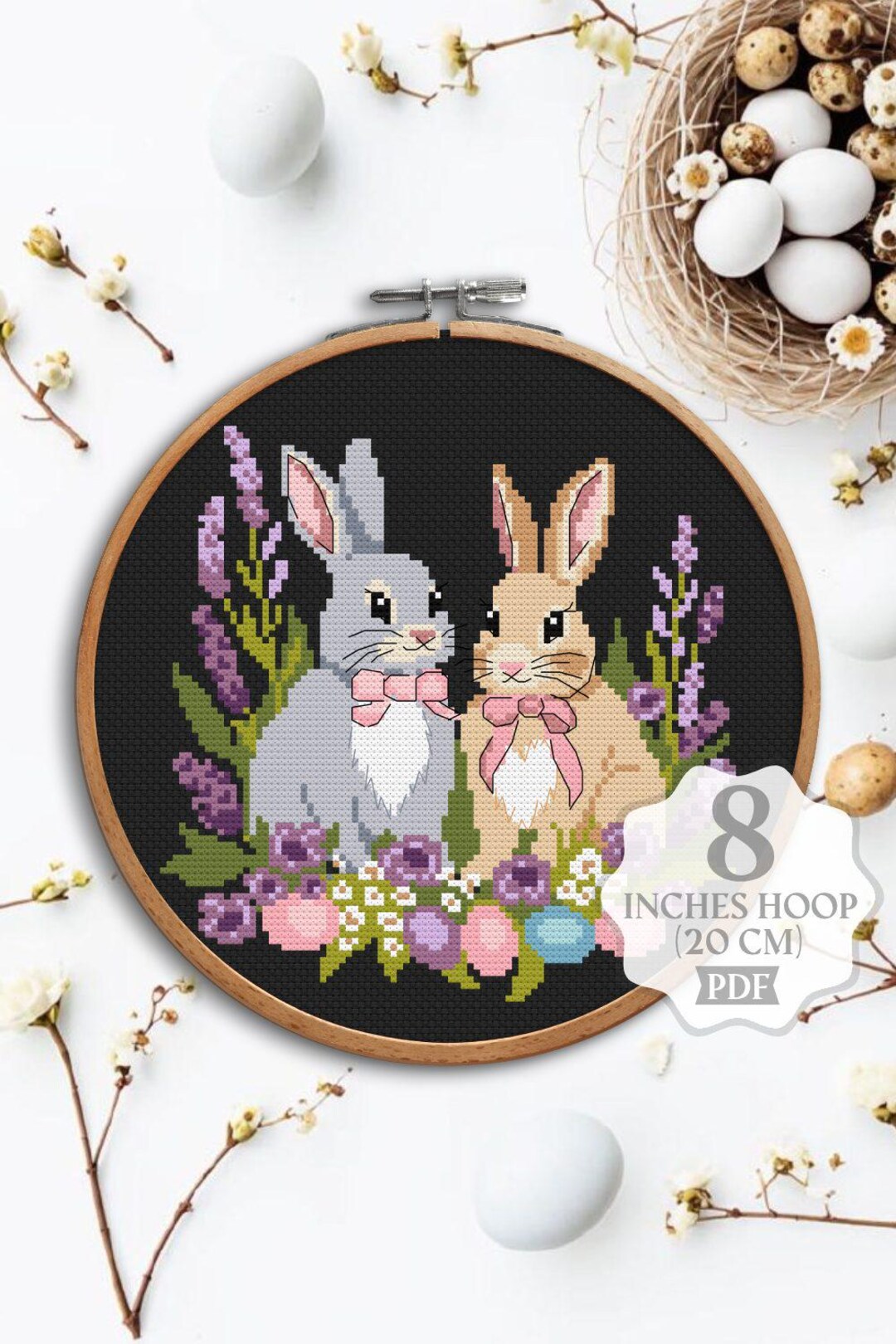 Spring Bunnies Cross Stitch Pattern: Easter Floral Eggs (digital PDF ...
