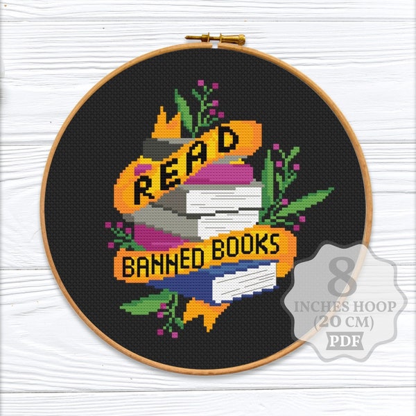 Read banned books Cross stitch pattern PDF, Reading librarian reader nerd quote Holiday gift, Modern counted chart, Digital