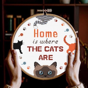 Home is where the cats are Cross stitch pattern PDF, Cute funny cat lover kitten Welcome home sign, Modern Counted, Digital
