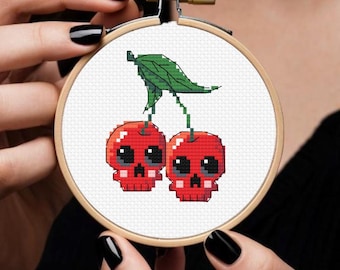 Cherry Skull Cross Stitch Pattern: Halloween Spooky Gothic Design (PDF)