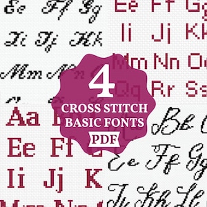 Point de croix motifs de police PDF téléchargement numérique calligraphie italique cursive alphabets de base écriture de taille moyenne lettres point de croix