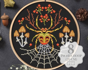 Spider Cross stitch pattern PDF, Whimsy witchy insect mushrooms nature forest woodland theme arachnid, Summer, Digital download