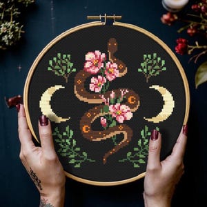 Snake Cross Stitch Pattern Moon Flower Witchy Cross Stitch Snake Crescent Moon Reptile Serpent Floral Embroidery Nature Digital Download PDF