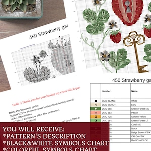 Op de afbeelding: Een kruissteekpatroon getiteld "450 Strawberry Garden" met een ontwerpformaat van 18 x 18 cm. De afbeelding bevat een kleurenkaart met DMC-garenkleuren en een lijst van wat de koper ontvangt: patroonbeschrijving, zwart-wit symboolkaart, kleuren symboolkaart en DMC garenlijst.