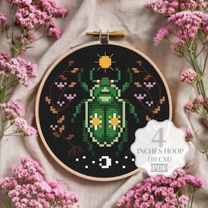 Patrón de punto de cruz de escarabajo: Diseño floral de bruja (Descarga PDF)