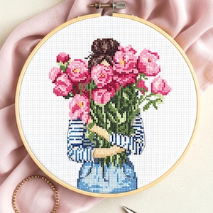 Peony Girl Cross Stitch Pattern: Spring Floral Embroidery (PDF Pattern)