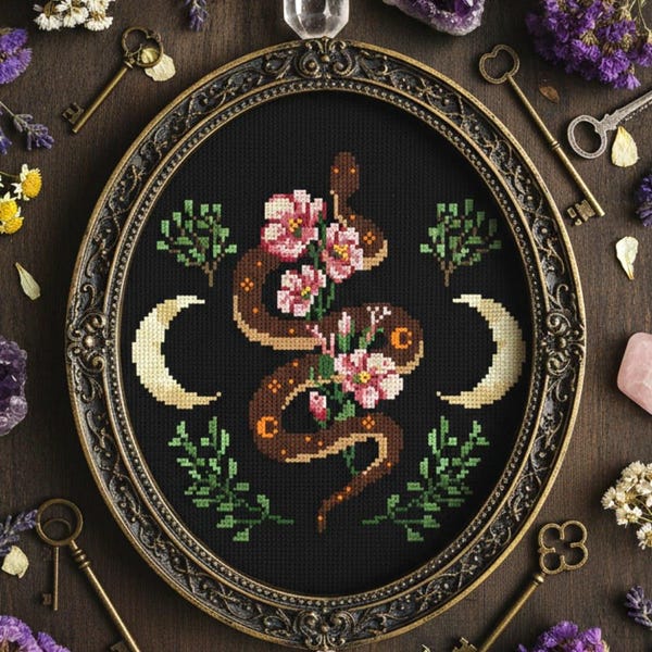 Witch Snake Cross Stitch Pattern: Witchy Floral Moon Embroidery (PDF Download)