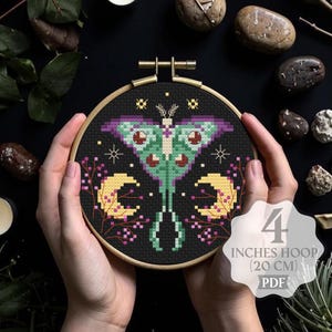 Luna Moth Cross Stitch Pattern: Witchy Floral Design (PDF)