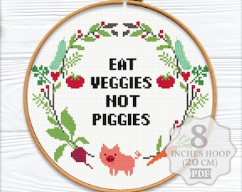 Vegan cross stitch pattern PDF, Vegetarian quote embroidery Christmas gift, Eat veggies Funny Modern Kitchen decor, Digital download