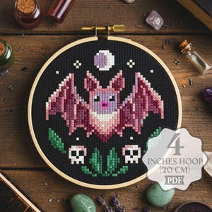 Small Bat with Moon and skull Cross stitch pattern PDF, Witchy Spooky Floral Luna, Easy Simple Beginners, Halloween, Digital download