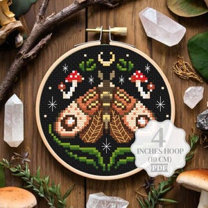 Moth Cross Stitch Pattern: Witchy Luna Moon Floral Toadstool (PDF Pattern)