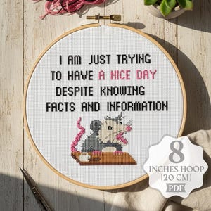 Op de afbeelding: Een borduurring met de tekst "I AM JUST TRYING TO HAVE A NICE DAY DESPITE KNOWING FACTS AND INFORMATION." Het ontwerp bevat een cartoon opossum. De ring heeft een diameter van 20 cm.