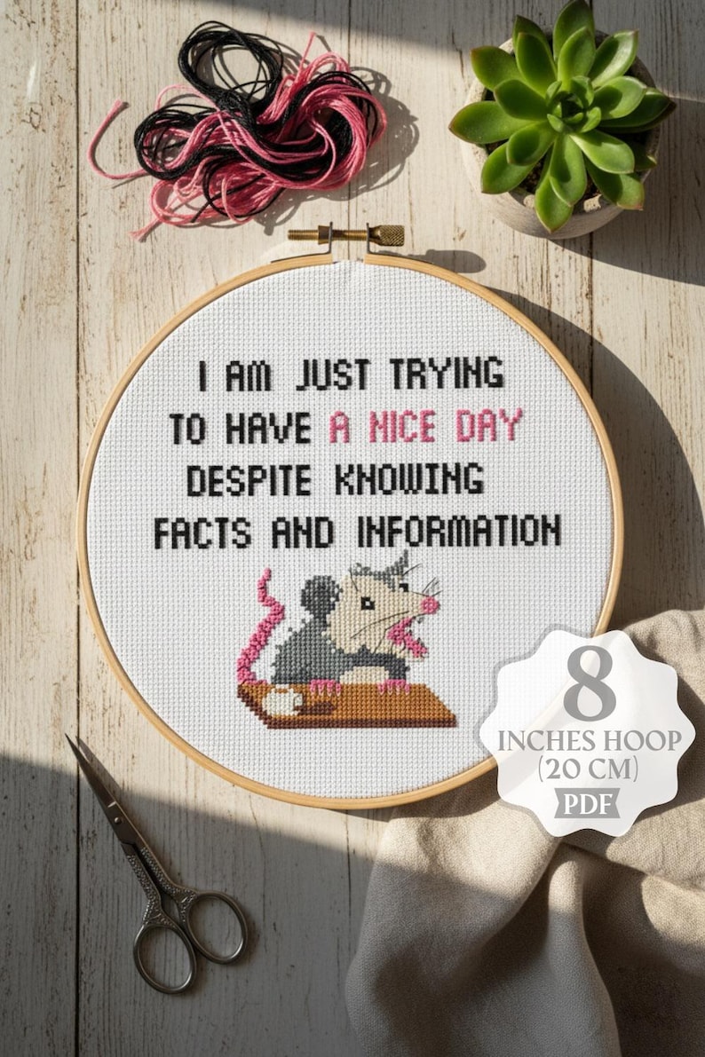 Op de afbeelding: Een borduurring met de tekst "I AM JUST TRYING TO HAVE A NICE DAY DESPITE KNOWING FACTS AND INFORMATION." Het ontwerp bevat een cartoon opossum. De ring heeft een diameter van 20 cm.