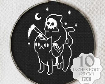 Cat Death Gothic Cross stitch pattern PDF: Halloween Spooky Chart (Digital file)