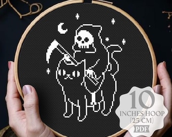 Cat Death Kreuzstich Stickmuster, PDF Stickvorlage, Süß Lustig Einfach Einfach Einfarbige Vorlage, Halloween Gothic Gruseliger Schädel Projekt