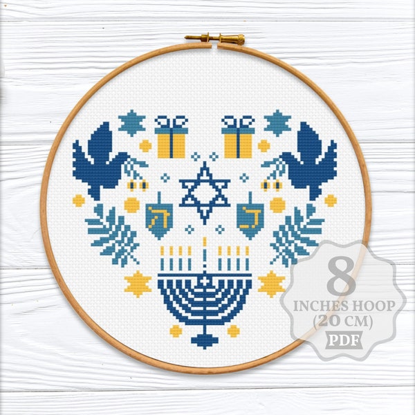 Hanukkah Cross stitch pattern PDF, Hanukah gift Menorah Modern Jewish Holidays Dove David star Festival of lights