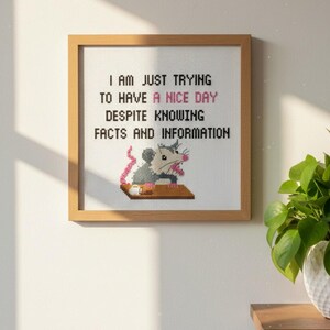 Op de afbeelding: Kruissteekkunst in een houten lijst. Het kunstwerk toont een opossum met een boek en de tekst: "I AM JUST TRYING TO HAVE A NICE DAY DESPITE KNOWING FACTS AND INFORMATION."
