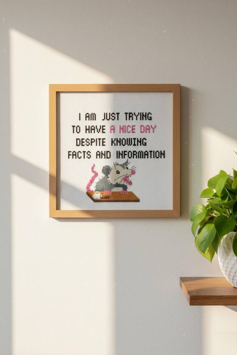 Op de afbeelding: Kruissteekkunst in een houten lijst. Het kunstwerk toont een opossum met een boek en de tekst: "I AM JUST TRYING TO HAVE A NICE DAY DESPITE KNOWING FACTS AND INFORMATION."