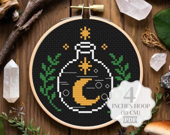 Moon Cross Stitch Pattern Witch: Small Easy Embroidery Witchy (PDF Pattern)