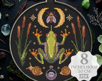 Witchy Frog Cross Stitch Pattern: Toadstool Goblincore Design (PDF Download)