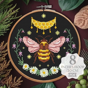 Bee Cross Stitch Pattern Bumblebee Flower Cross Stitch Insect Honey Moon Nature Floral Bee Embroidery  Witchy Summer Daisy Digital PDF
