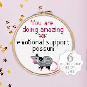 Funny cross stitch pattern PDF, Screaming possum meme Emotional support, Small 6&quot; easy beginner embroidery, Sarcastic opossum, Digital
