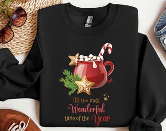 Sweatshirt Hot Cacao, It's the most wonderful time of the Year, Unisex, round neck, christmas cookies, candy cane, marshmallows, red cup
