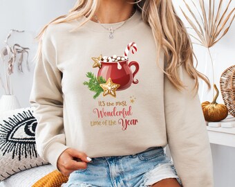 Sweatshirt Hot Cacao, It's the most wonderful time of the Year, Unisex, round neck, christmas cookies, candy cane, marshmallows, red cup