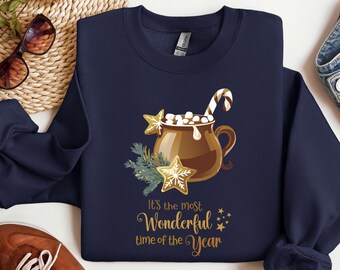 Sweatshirt Hot Cacao, It's the most wonderful time of the Year, Unisex, round neck, christmas cookies, candy cane, marshmallows, cozy, gold
