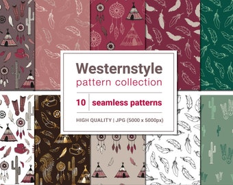 Pattern-Set | Western Style Elements | For Papeterie, Graphic Design | 10 Digital Seamless Patterns | JPG