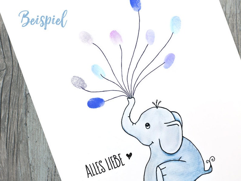 Gästebuch Fingerprint Baby Party Blau Junge Elefant Aquarell PDF