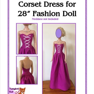 May include: A magenta corset dress for a 28 inch fashion doll. The dress has white criss-cross lacing on the bodice and a sweetheart neckline. The doll is wearing a pearl necklace.