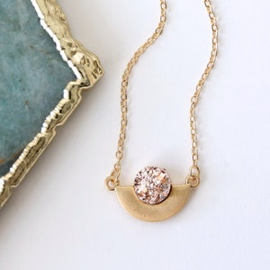 Gold Halfmoon with Light Rose Gold Druzy Pendant Necklace Birthday Gift Bridesmaid Gift Graduation Gift image 1