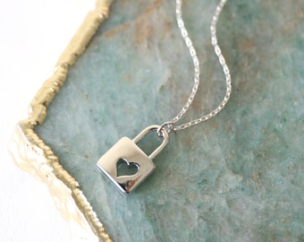 Tiny Silver Lock Charm Necklace: Heart Cutout, Dainty Jewelry