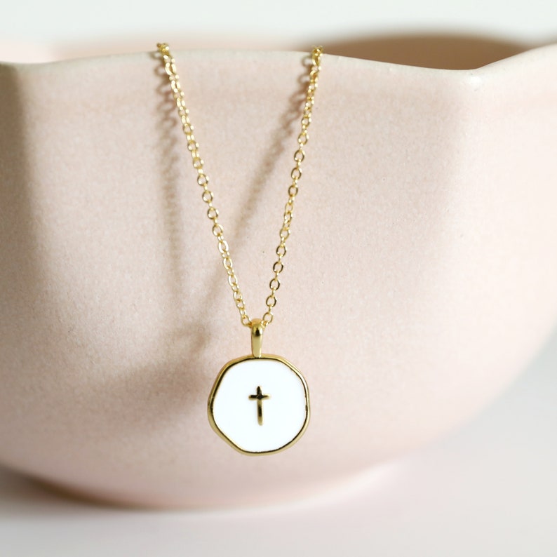 Cross Necklace White Enamel Gold Cross Pendant Necklace Birthday Gift Bridesmaid Gift Mothers Day Gift image 7