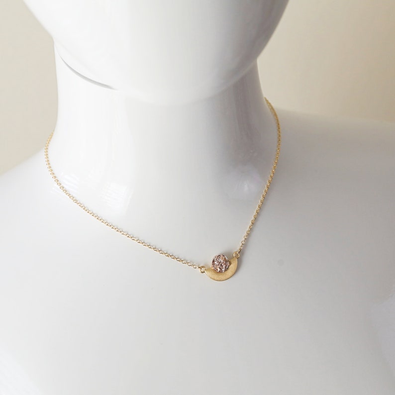 Gold Halfmoon with Light Rose Gold Druzy Pendant Necklace Birthday Gift Bridesmaid Gift Graduation Gift image 6