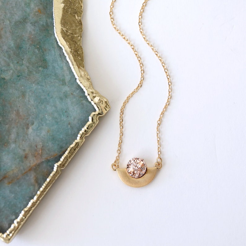 Gold Halfmoon with Light Rose Gold Druzy Pendant Necklace Birthday Gift Bridesmaid Gift Graduation Gift image 1