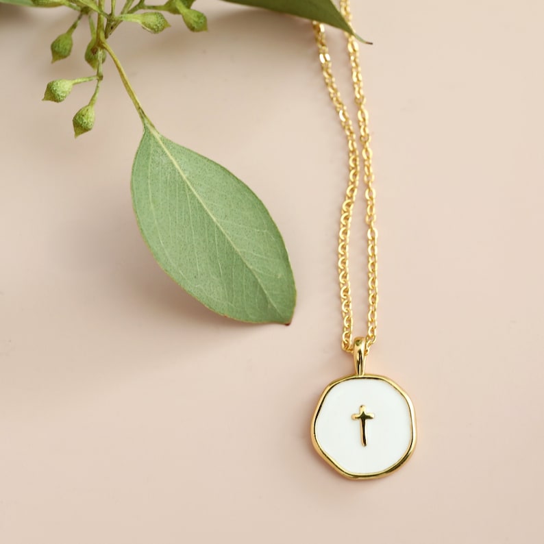 Cross Necklace White Enamel Gold Cross Pendant Necklace Birthday Gift Bridesmaid Gift Mothers Day Gift image 1