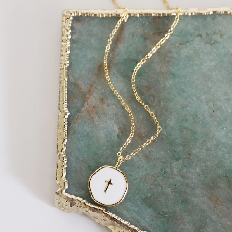 Cross Necklace White Enamel Gold Cross Pendant Necklace Birthday Gift Bridesmaid Gift Mothers Day Gift image 4