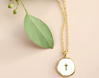 White Enamel Cross Necklace: Gold Plated Pendant, Dainty Jewelry