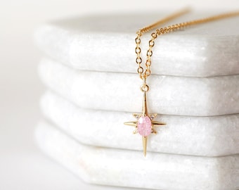 Pink Stone North Star Pendant Necklace: Gold Plated Brass Chain